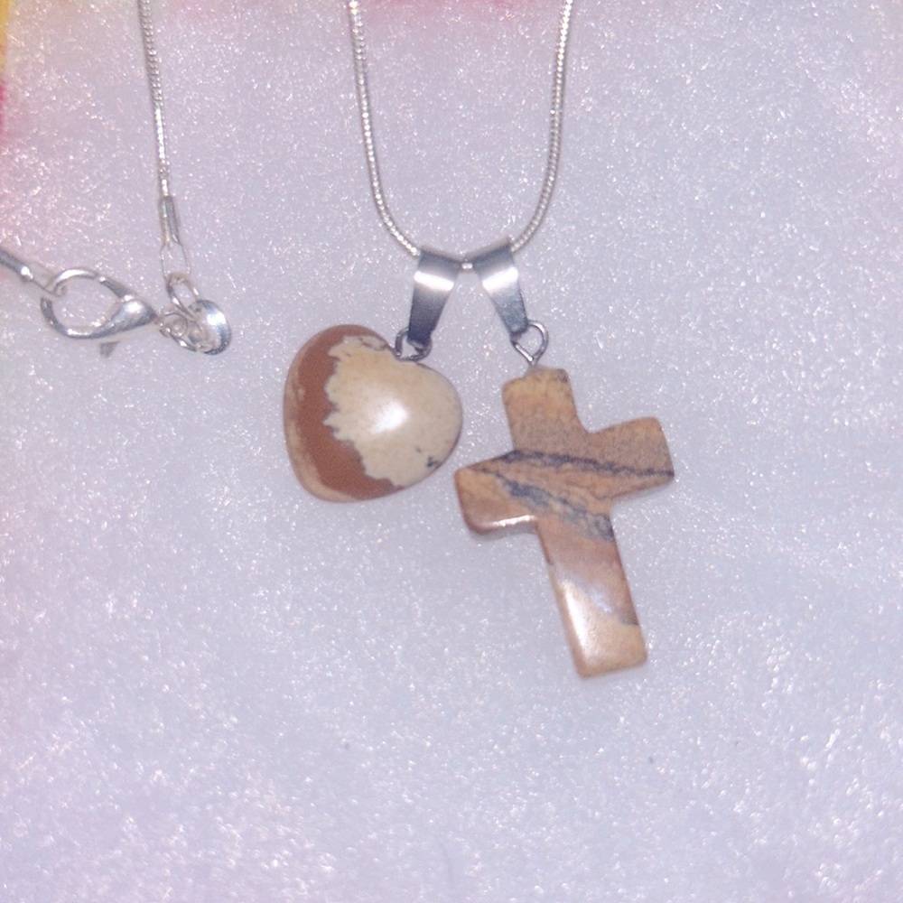 Boho hippie Picture Jasper Cross and Heart Silver 16” Neckla…